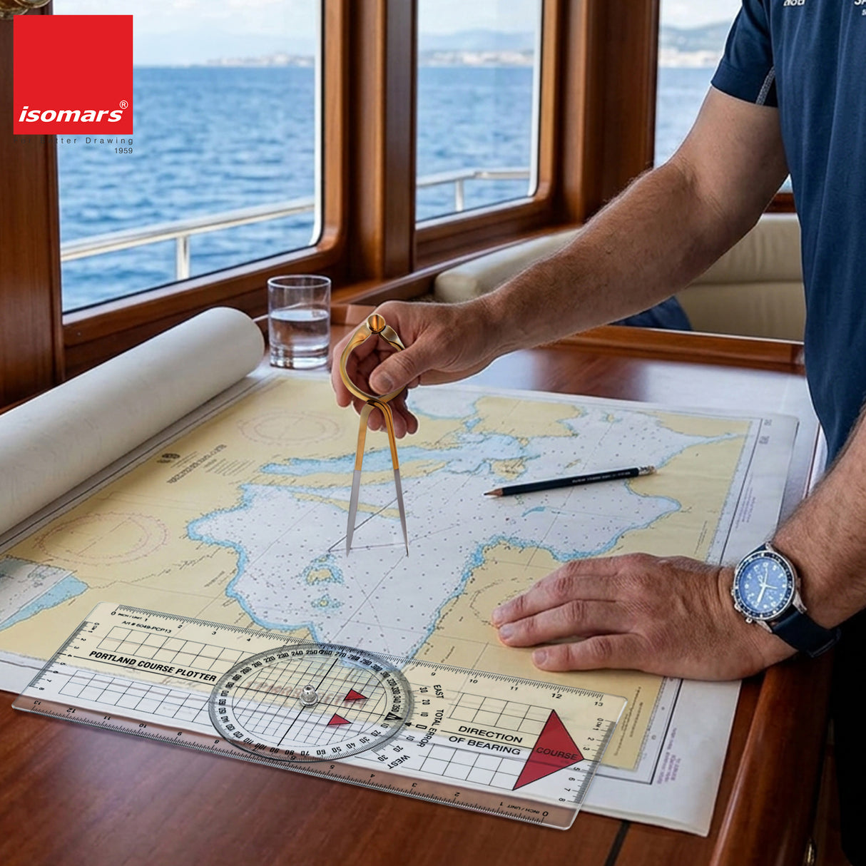 Isomars Marine navigation set with Portland course plotter and brass divider for accurate chart plotting and distance transfer