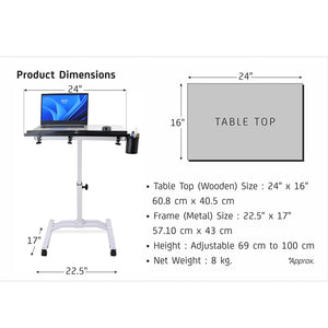 Isomars Multipurpose Laptop Table Study Desk, Caster Lockable Wheels, & Height Adjustable for Breakfast Table, Work from Home & Online Classes (White)