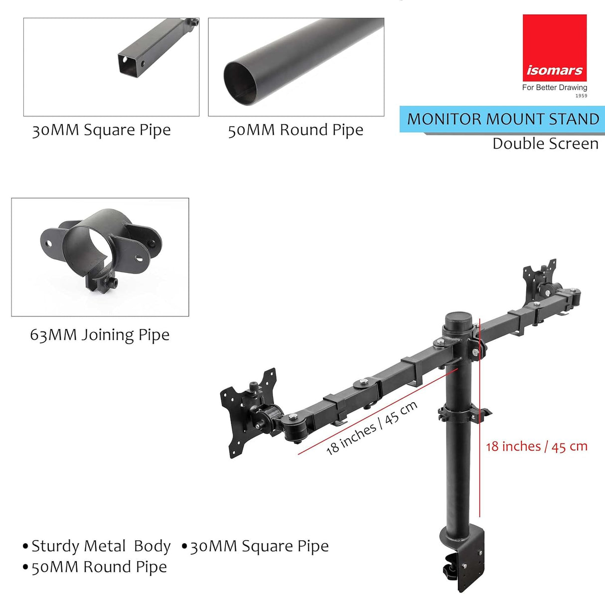 Isomars Monitor Arm Mount Stand Double Screen (Monitor) - Adjustable Height & Angles