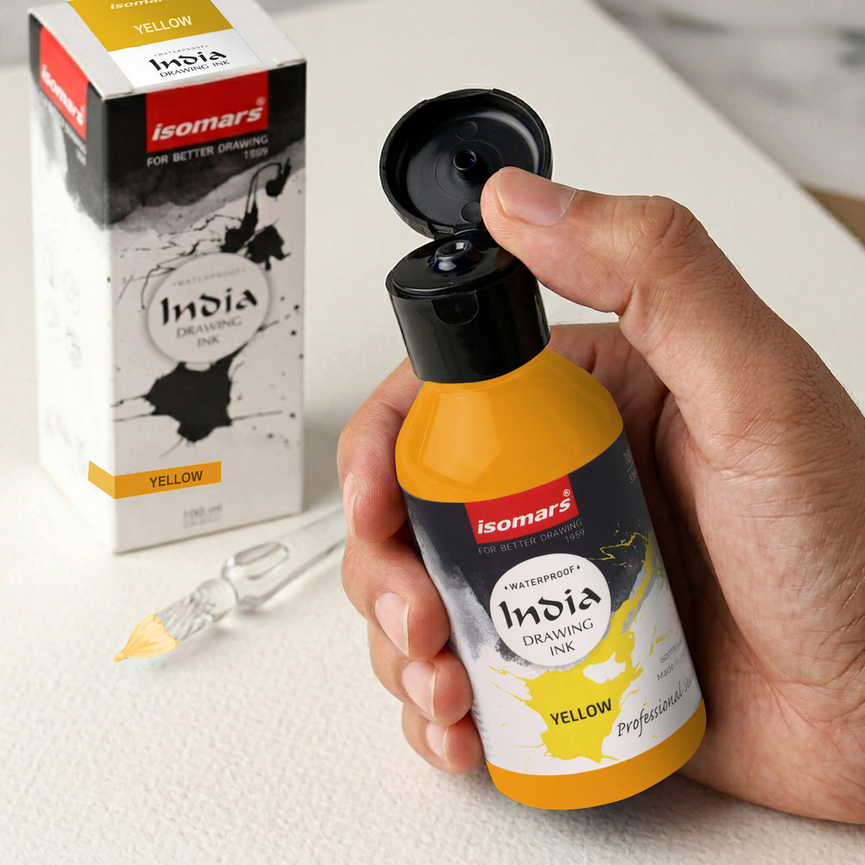 India Waterproof Drawing Ink Yellow 100ml | Permanent Lightfast Artist Ink for Calligraphy, Airbrush, Illustration & Fabric Painting