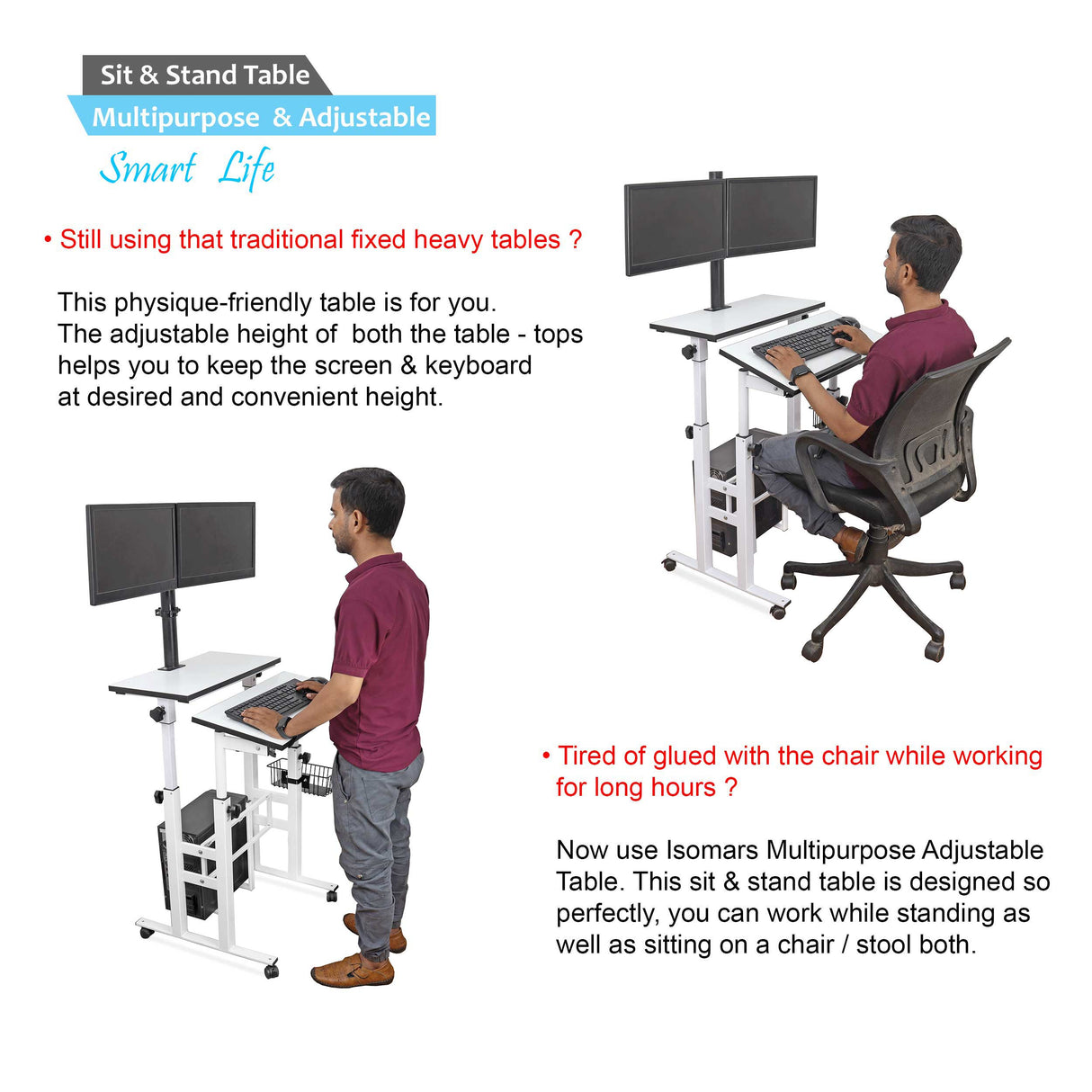 Isomars Desktop Table with dual Monitor Mount - Adjustable Height & Angles, Computer Workstation Useful for Gadgets Like Desktop, Laptop- Made in India (white).