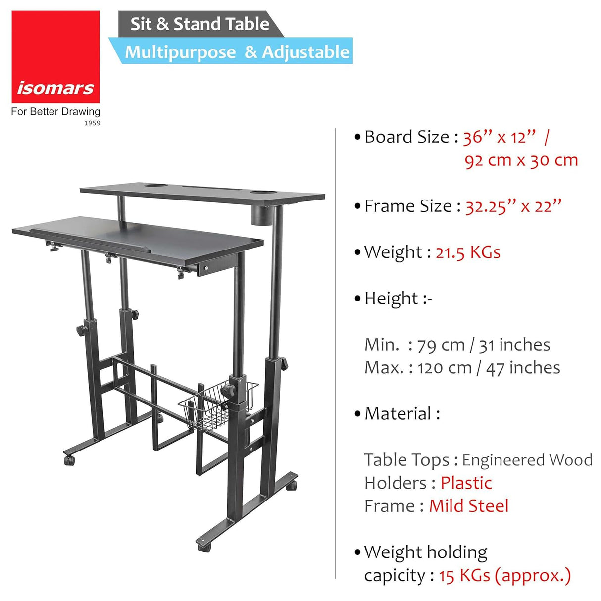 Isomars 36"/92Cm Wide Made In India Desktop & Laptop Adjustable Table & Computer Workstation - Useful For Using Gadgets Like Desktop, Laptop, Tab/Ipad, Mobile Phone Etc (Black) - Engineered Wood