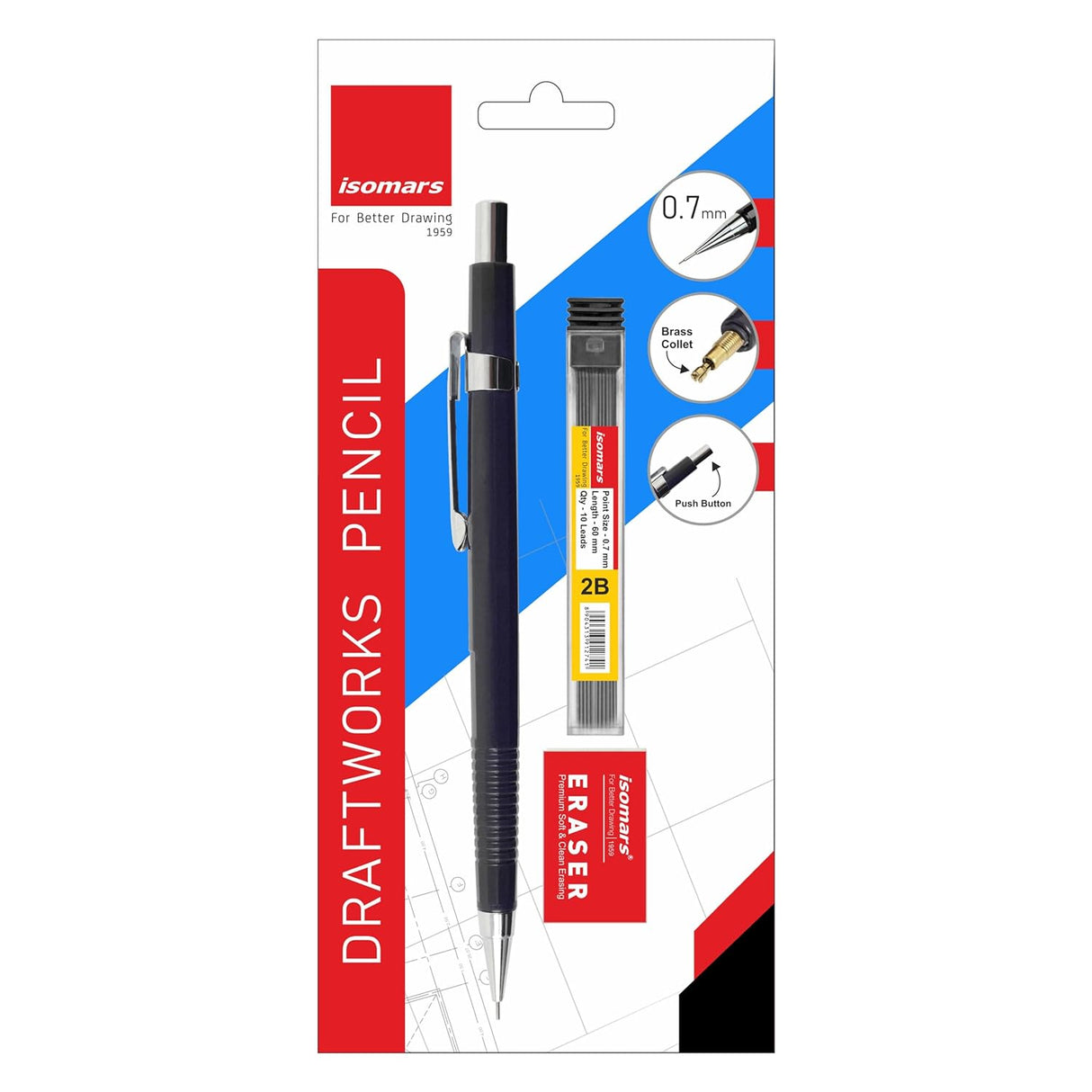 Isomars Mechanical Pencil 0.7mm - (DRAFTING) with Leads & Eraser - Black