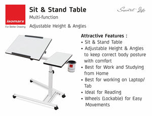 Isomars 360° Rotatable Table Laptop Table Study Desk, Caster Lockable Wheels, & Height Adjustable for Breakfast Table, Work from Home & Online Classes (White)