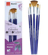 Isomars Estudio Art Brush Set of 5 | Professional Synthetic Long Handle Paint Brushes for Acrylic, Watercolor & Oil Painting | Flat, Fan, Oval, Round & Detail Artist Brushes for Blending, Shading & Fine Detailing