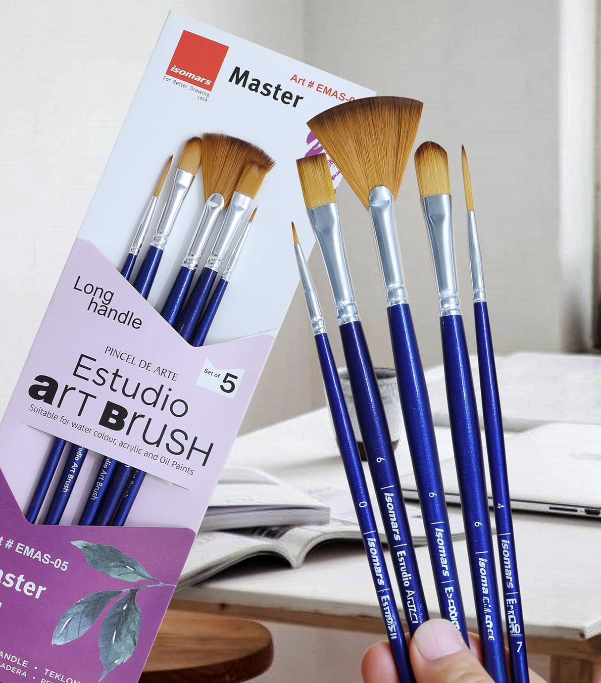 Isomars Estudio Art Brush Set of 5 | Professional Synthetic Long Handle Paint Brushes for Acrylic, Watercolor & Oil Painting | Flat, Fan, Oval, Round & Detail Artist Brushes for Blending, Shading & Fine Detailing