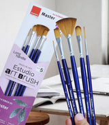 Isomars Estudio Art Brush Set of 5 | Professional Synthetic Long Handle Paint Brushes for Acrylic, Watercolor & Oil Painting | Flat, Fan, Oval, Round & Detail Artist Brushes for Blending, Shading & Fine Detailing