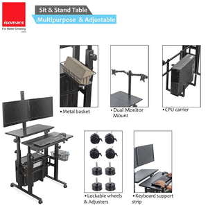 Isomars Desktop Table with dual Monitor Mount - Adjustable Height & Angles, Computer Workstation Useful for Gadgets Like Desktop, Laptop- Made in India (Black).