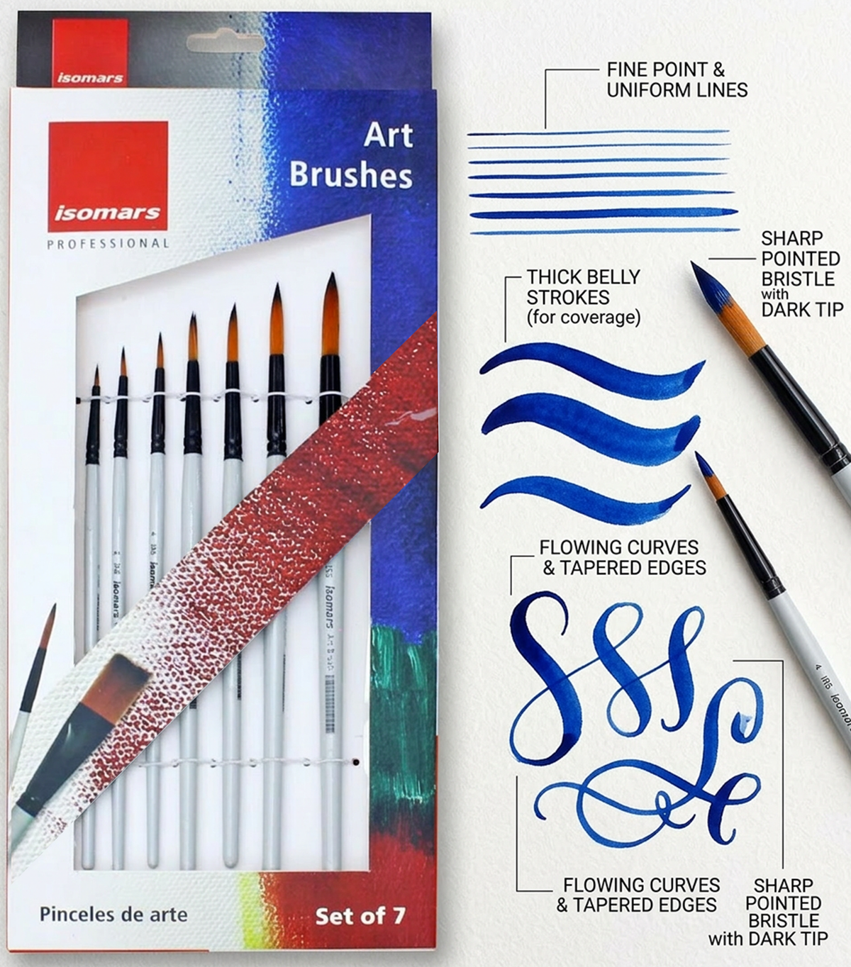 Isomars Drawing Brush Set Round Set of 7 with Colour Palette | Premium Golden Taklon Synthetic Artist Brushes with White Mixing Palette for Acrylic, Watercolor, Oil & Face Painting