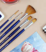 Isomars Estudio Art Brush Set of 5 | Professional Synthetic Long Handle Paint Brushes for Acrylic, Watercolor & Oil Painting | Flat, Fan, Oval, Round & Detail Artist Brushes for Blending, Shading & Fine Detailing