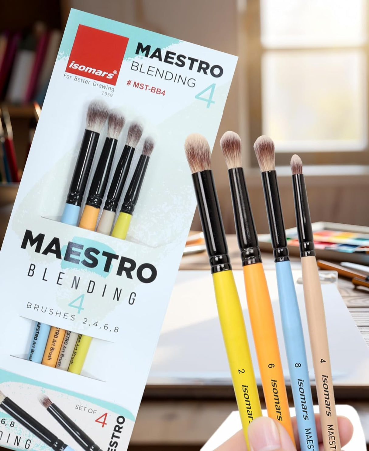 Isomars Maestro Blending Brush Set of 4 - Professional Round Artist Brushes for Soft Blending, Shading and Transitions - Colorful Wooden Handles - Sizes 2, 4, 6, 8
