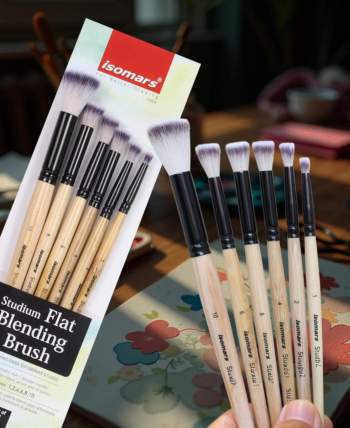 Isomars Studium Flat Blending Brush Set of 6 for Artists – Professional Paint Brushes for Blending & Smooth Transitions – Ideal for Watercolor, Acrylic & Oil Painting – Sizes 1, 2, 4, 6, 8, 10