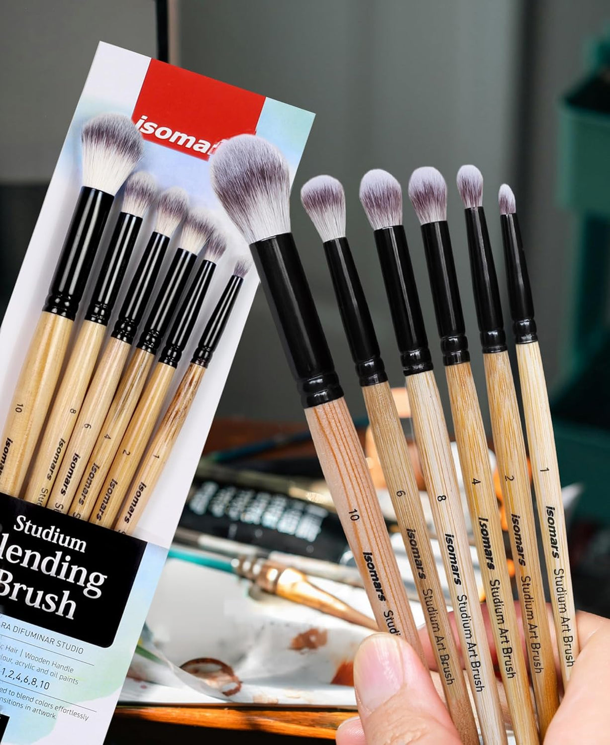 Isomars Blending Brush Studium - Set of 6 - Professional Artist Brushes for Soft Blending & Shading Ideal for Watercolor, Acrylic, Oil Painting and Ink Transitions - Sizes - 1,2,4,6,8,10