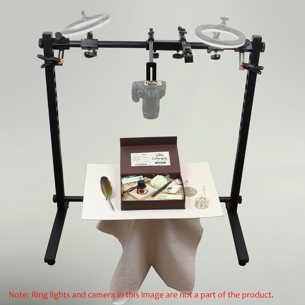 Adjustable Overhead Photography Stand with Dual Light Holders and Background Clips