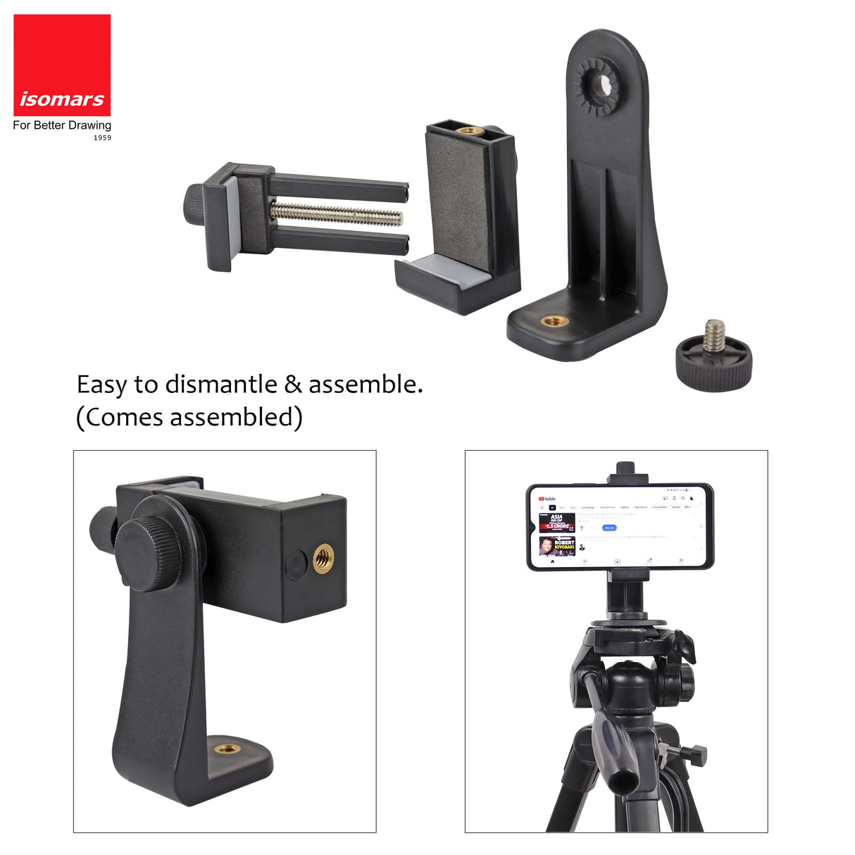 Isomars Tripod Mobile Holder Adjustable- for Smartphones & iPhones (Black) with 360° Rotational Working Angles & Adjustable Angles Use The Knob to Attach/Detach Mobile Phones