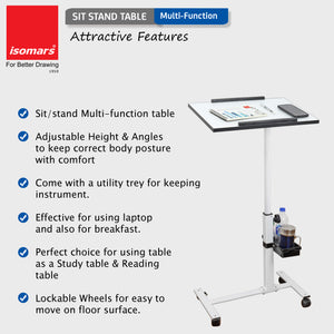 Isomars Multipurpose Laptop Table Study Desk, Lockable Wheels, & Adjustable Height And Angle For Breakfast Table, Wfh & Online Classes (White)