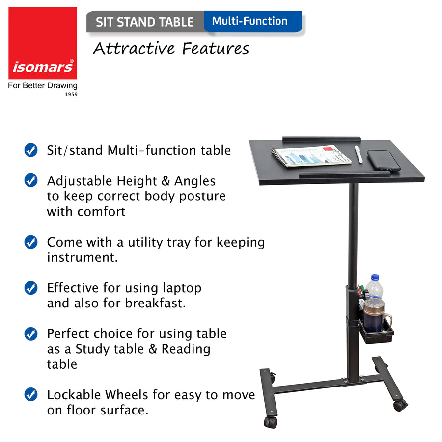 Isomars Multipurpose Laptop Table Study Desk, Lockable Wheels, & Adjustable Height And Angle For Breakfast Table, Wfh & Online Classes (Black)