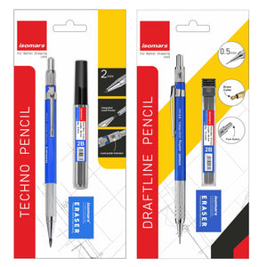 Isomars Mechanical Pencil 0.5mm And 2mm Combo - Clutch Pencils - Black And Blue With Lead And Eraser