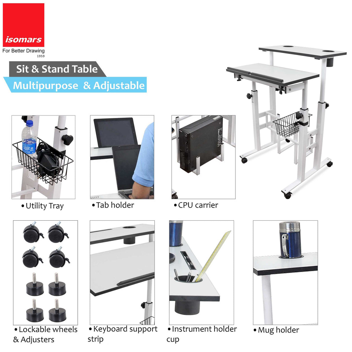 Isomars 24"/61cm Wide Made In India Desktop & Laptop Multipurpose Adjustable Table & Computer Workstation - Useful for Using Gadgets Like Desktop, Laptop, Tab/iPad, Mobile Phone etc (White)