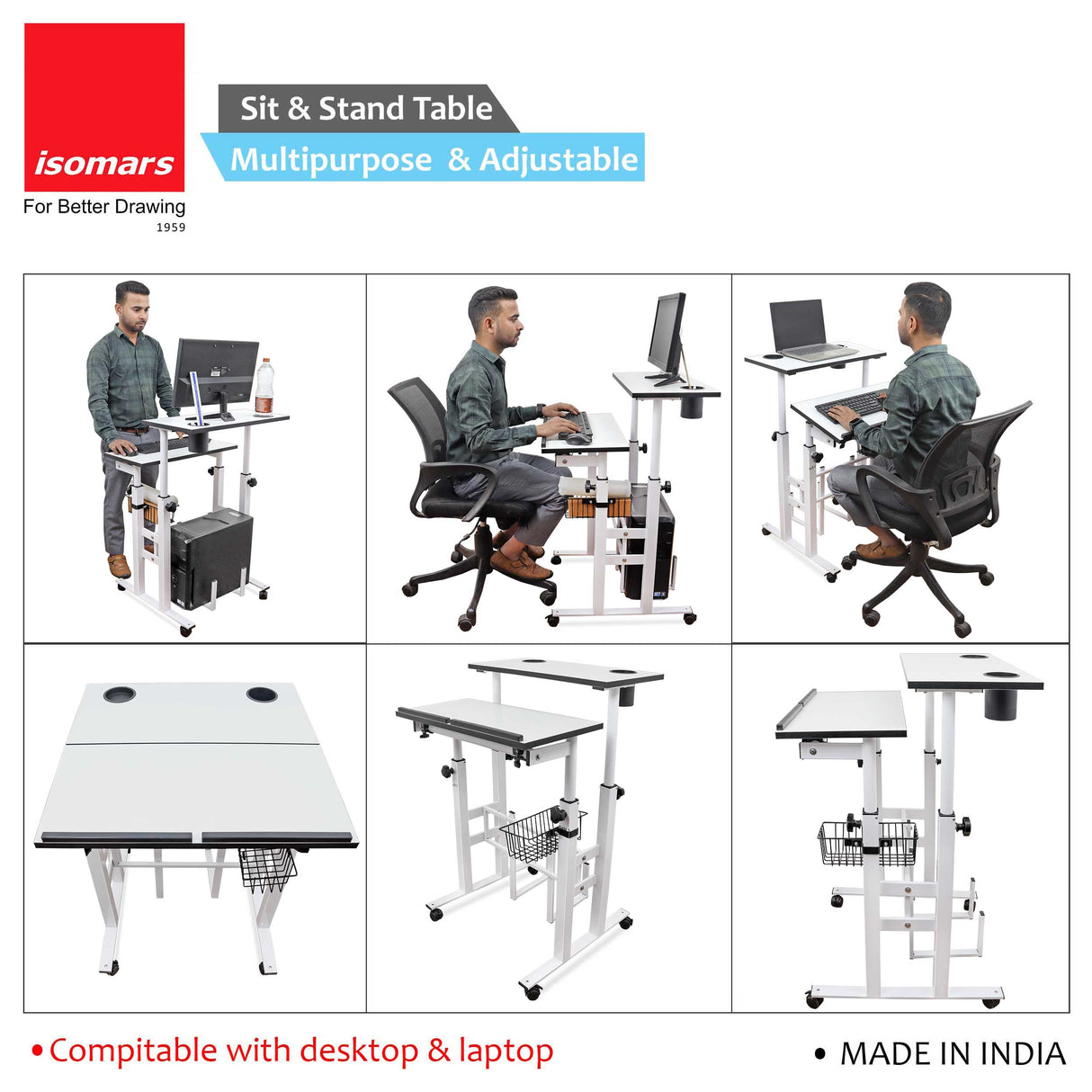 Isomars 24"/61cm Wide Made In India Desktop & Laptop Multipurpose Adjustable Table & Computer Workstation - Useful for Using Gadgets Like Desktop, Laptop, Tab/iPad, Mobile Phone etc (White)