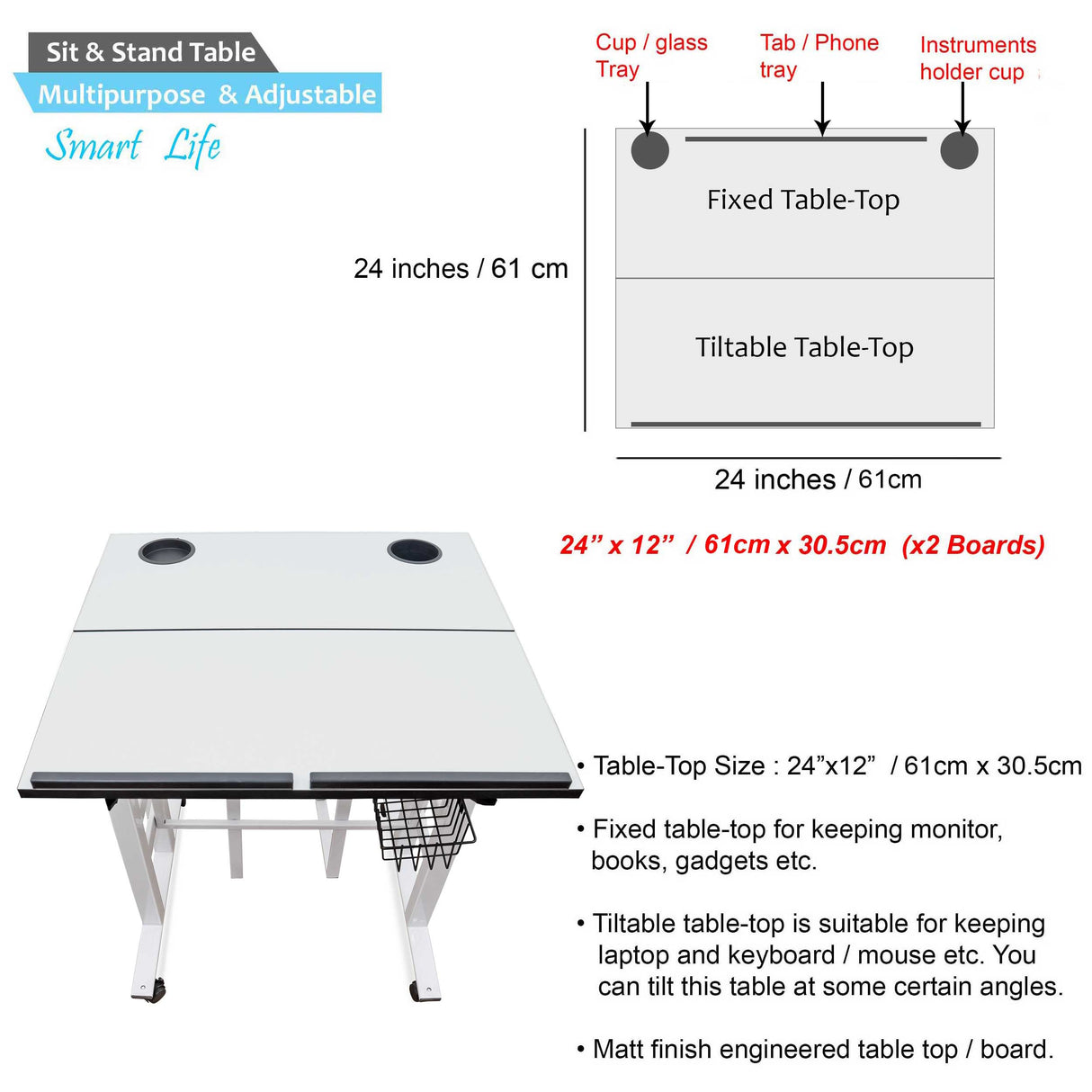 Isomars 24"/61cm Wide Made In India Desktop & Laptop Multipurpose Adjustable Table & Computer Workstation - Useful for Using Gadgets Like Desktop, Laptop, Tab/iPad, Mobile Phone etc (White)