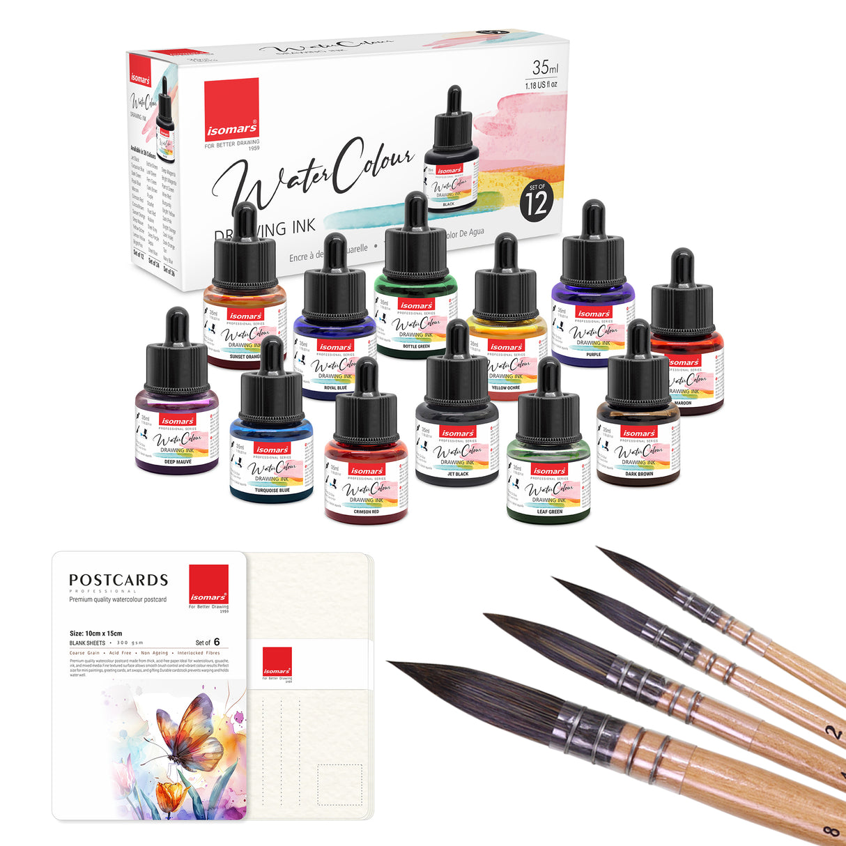 Isomars Watercolour Drawing Ink Set of 12 (35ml Each) with Mop Brush Set of 4 & Watercolor Postcards Set of 6 Sheets | Professional Liquid Watercolors for Painting, Calligraphy & Illustration