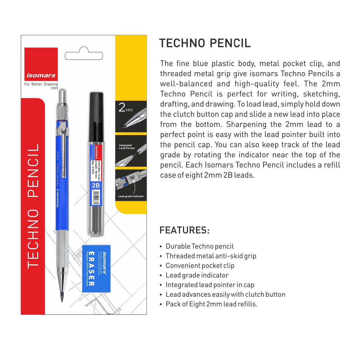 Isomars Mechanical Pencil 0.5mm And 2mm Combo - Clutch Pencils - Black And Blue With Lead And Eraser