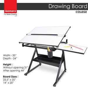 Isomars Drawing Table (College) - with White 25.5" x 35" Drafting Board With Parallel Bar and 14" x 20" Sliding Board