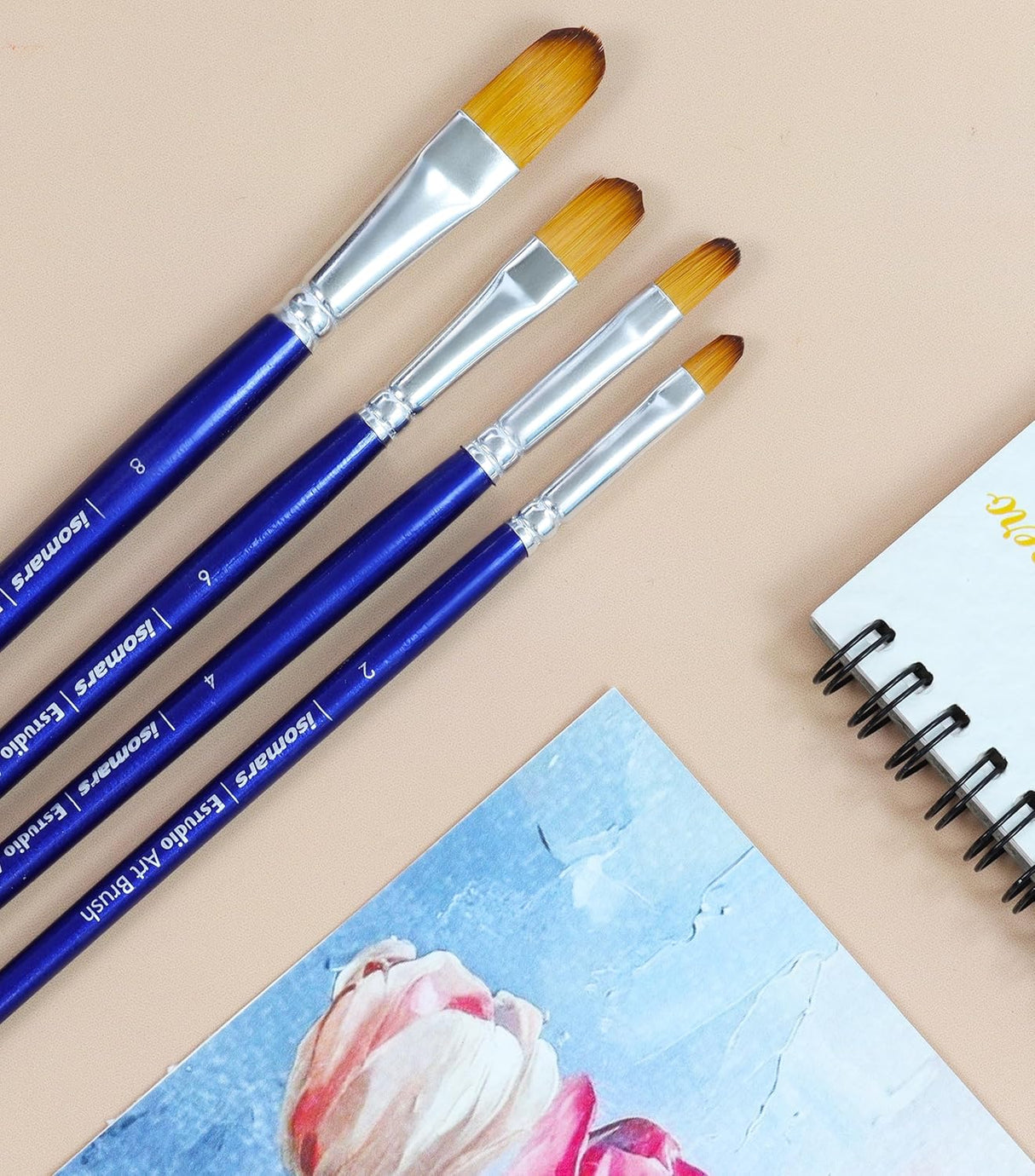 Isomars Estudio Filbert Paint Brush Set of 4 | Professional Synthetic Long Handle Filbert Artist Brushes for Blending, Soft Edges, Curved Strokes & Shading | Acrylic, Watercolor, Oil & Gouache Painting