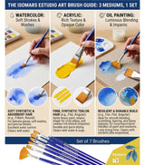 Isomars Estudio Painter’s Art Brush Set of 7 | Professional Teklon Synthetic Long Handle Artist Brushes for Acrylic, Watercolor, Oil & Gouache Painting | Fan, Filbert, Dagger, Flat, Round, Angular & Deer Foot Brushes