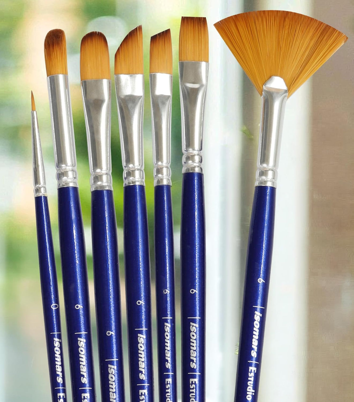 Isomars Estudio Painter’s Art Brush Set of 7 | Professional Teklon Synthetic Long Handle Artist Brushes for Acrylic, Watercolor, Oil & Gouache Painting | Fan, Filbert, Dagger, Flat, Round, Angular & Deer Foot Brushes
