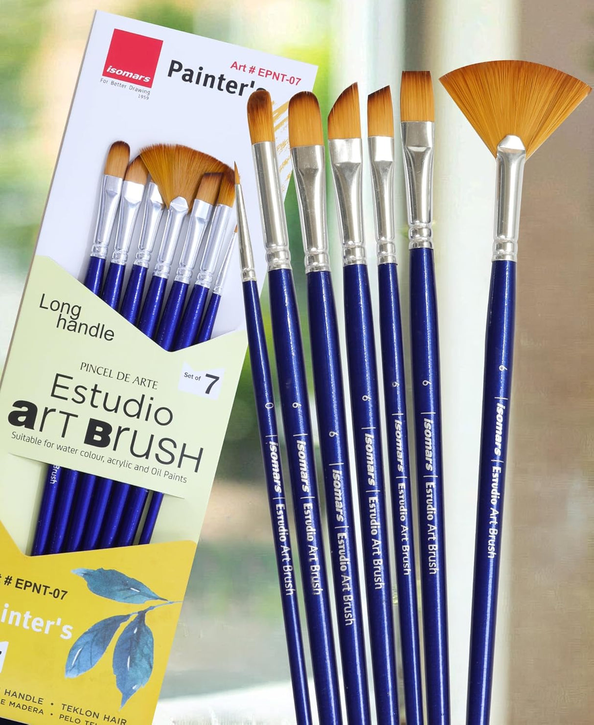 Isomars Estudio Painter’s Art Brush Set of 7 | Professional Teklon Synthetic Long Handle Artist Brushes for Acrylic, Watercolor, Oil & Gouache Painting | Fan, Filbert, Dagger, Flat, Round, Angular & Deer Foot Brushes