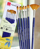 Isomars Estudio Painter’s Art Brush Set of 7 | Professional Teklon Synthetic Long Handle Artist Brushes for Acrylic, Watercolor, Oil & Gouache Painting | Fan, Filbert, Dagger, Flat, Round, Angular & Deer Foot Brushes