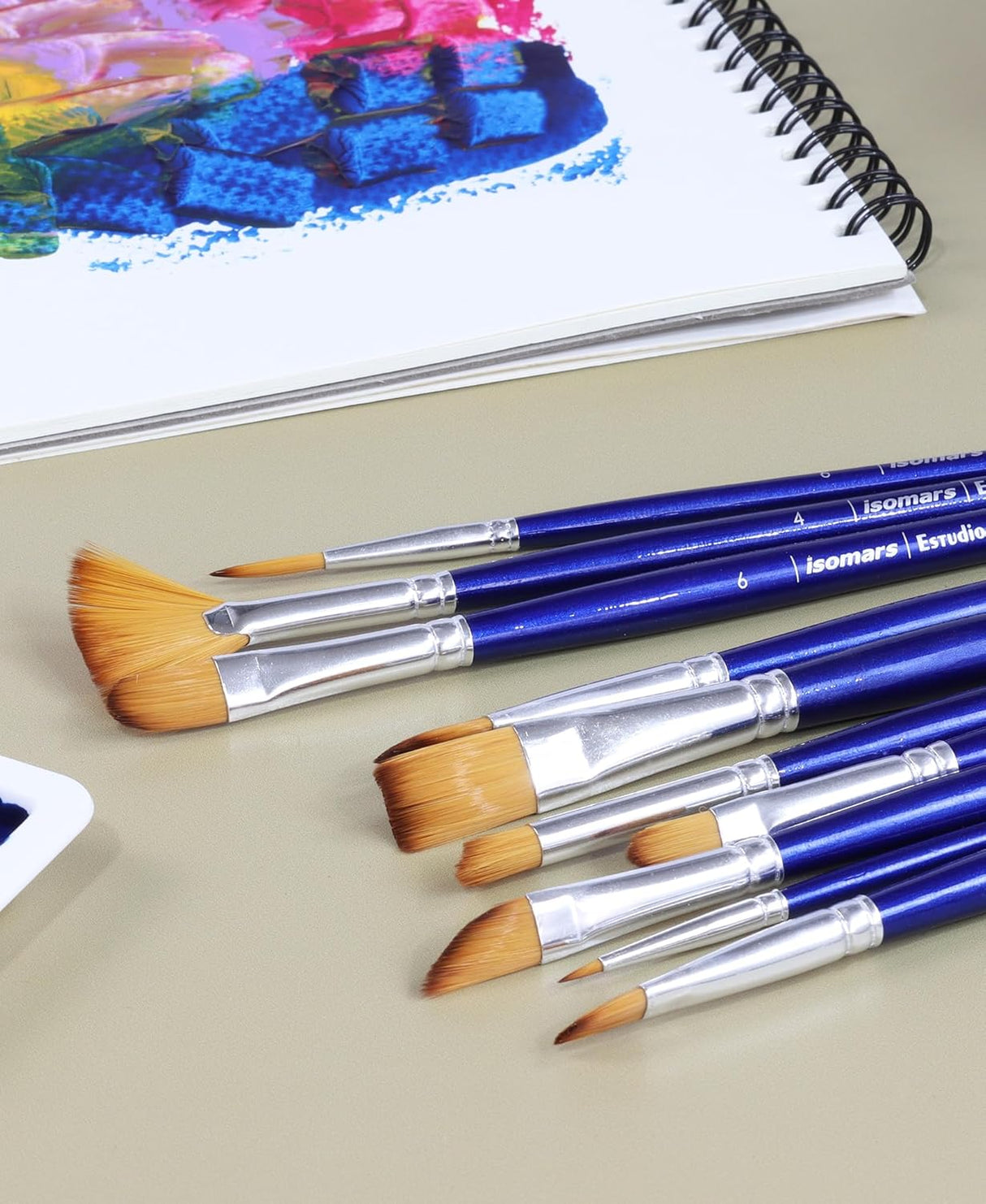 Isomars Estudio Professional Paint Brush Set of 10 | Premium Synthetic Long Handle Artist Brushes Kit for Acrylic, Watercolor, Oil & Gouache Painting | Mixed Flat, Round, Filbert, Fan, Angular, Detail Brushes