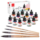 Isomars Watercolour Drawing Ink Set of 12 (35ml Each) with Mop Brush Set of 4 | Vibrant Liquid Watercolor Inks for Calligraphy, Illustration, Airbrush, Painting & Mixed Media Art