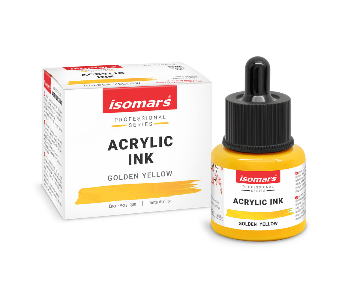 Isomars Professional Acrylic Ink Golden Yellow 35 ml, Waterproof Dropper