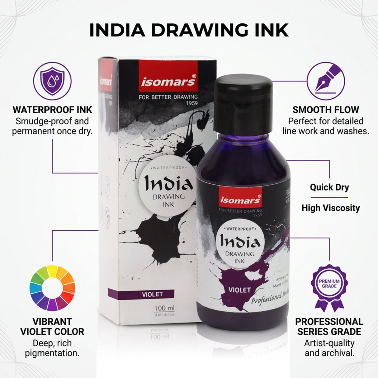 India Waterproof Drawing Ink Voilet 100ml | Permanent Lightfast Artist Ink for Calligraphy, Airbrush, Illustration & Fabric Painting