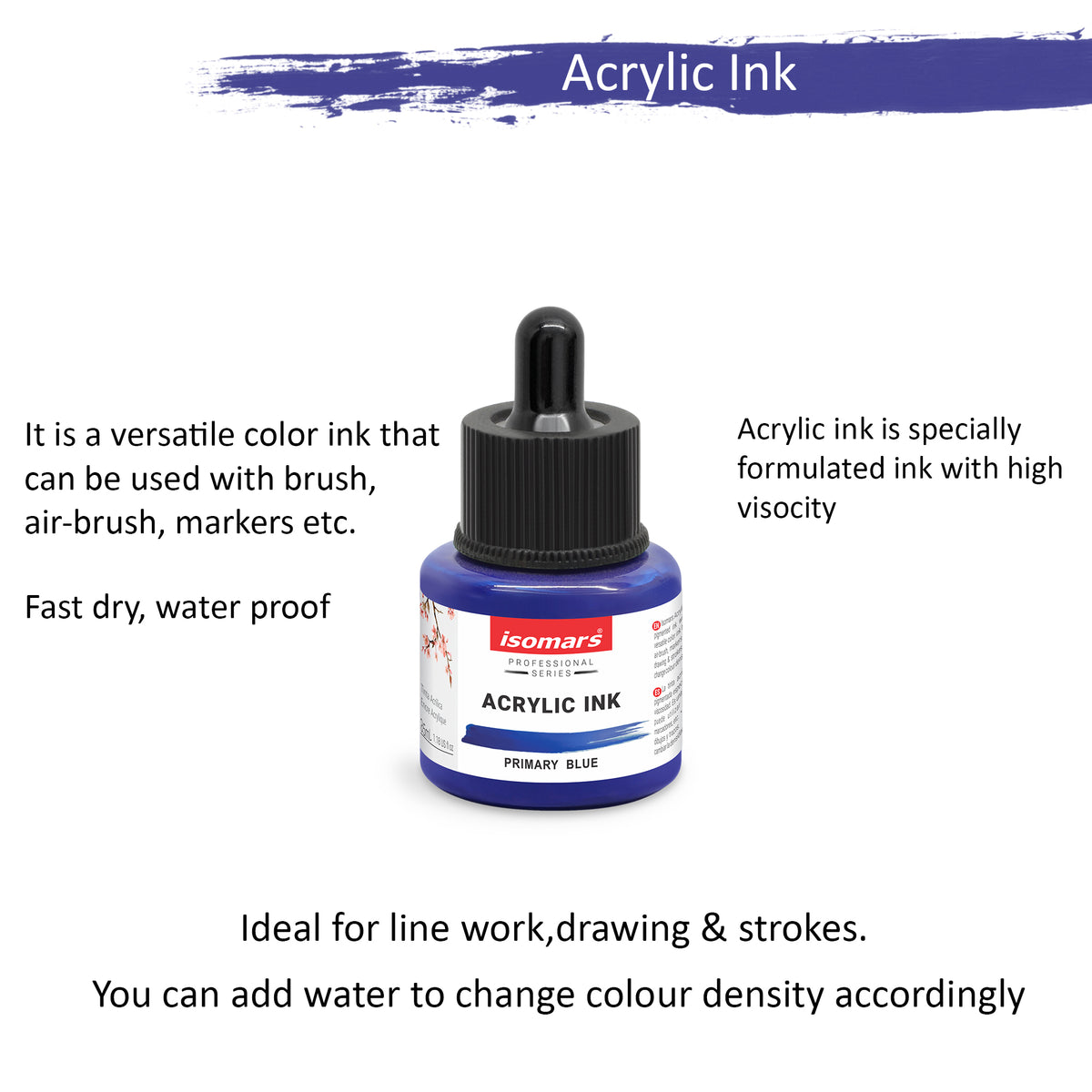 Isomars Acrylic Ink Blue 35ml with Dropper for Art & Drawing