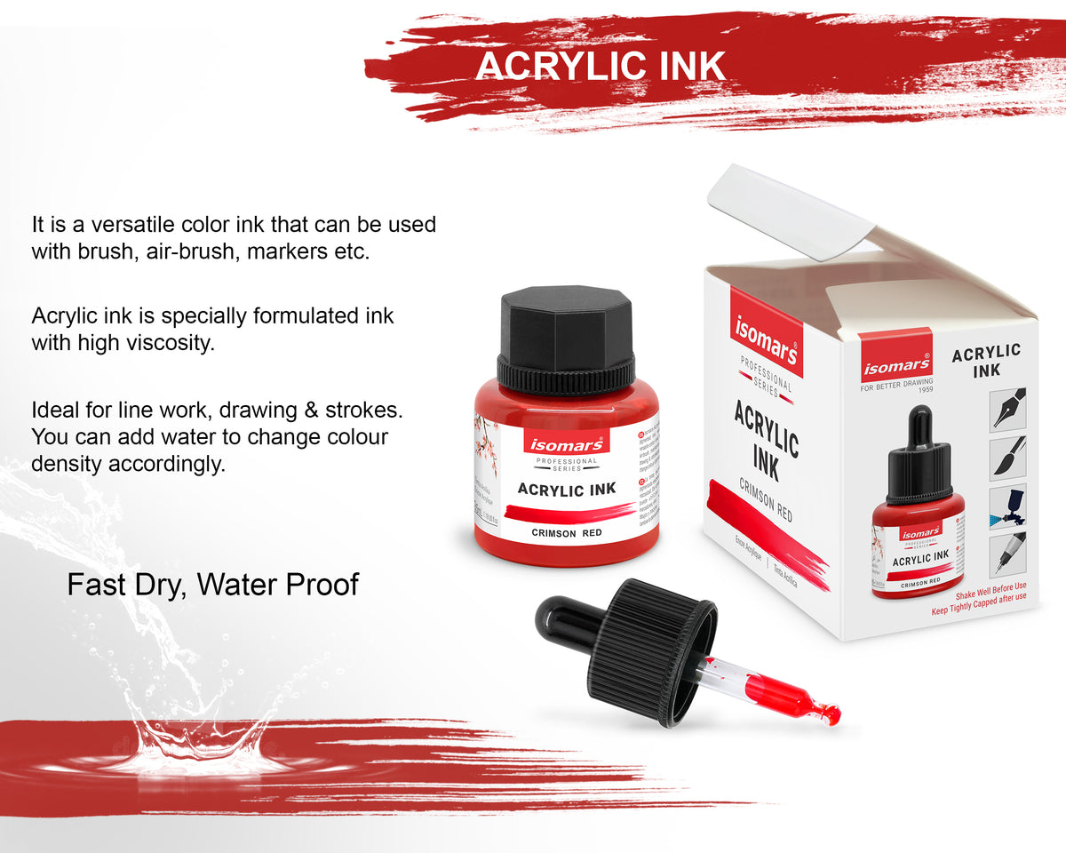 Isomars Professional Acrylic Ink Crimson Red 35 ml, Waterproof Dropper