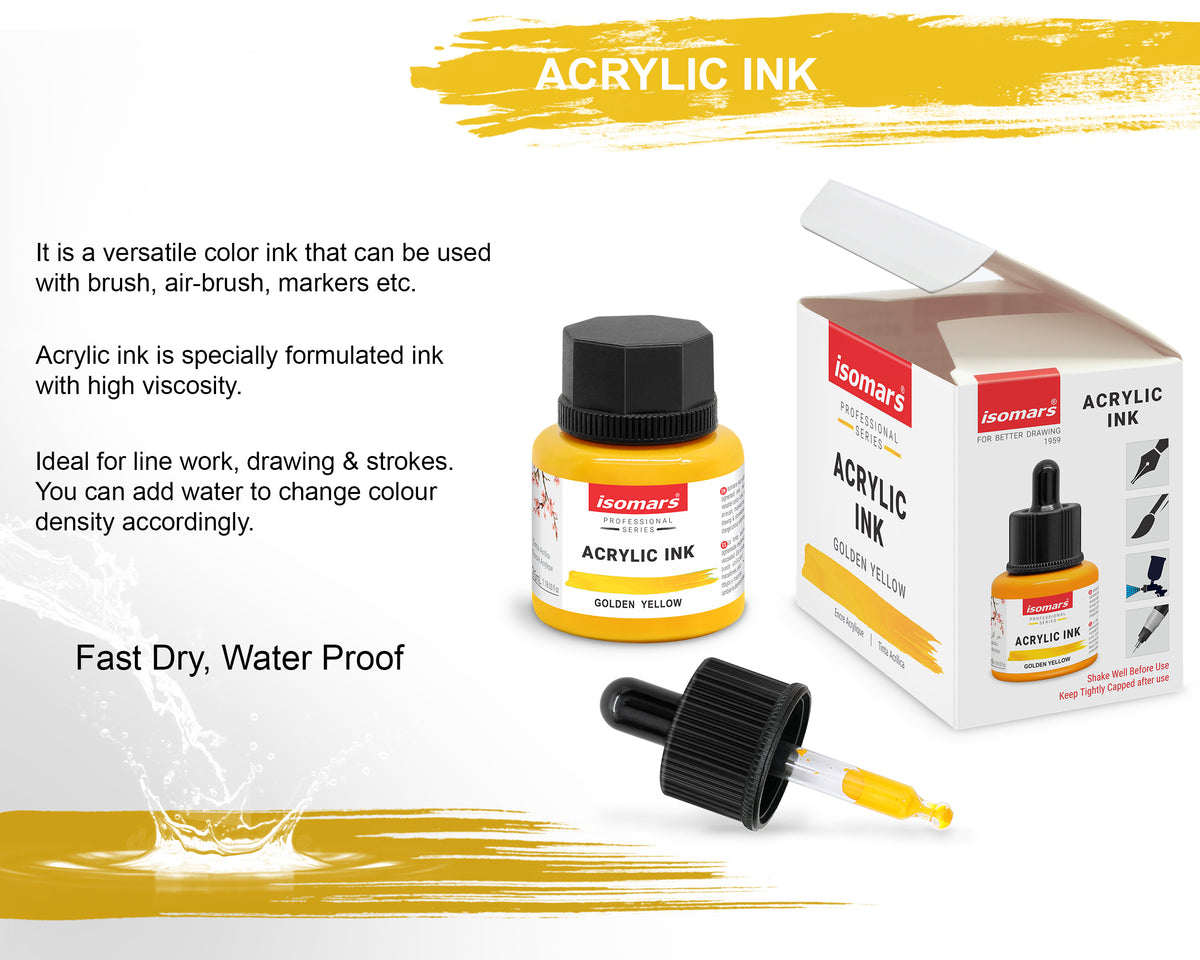 Isomars Professional Acrylic Ink Golden Yellow 35 ml, Waterproof Dropper