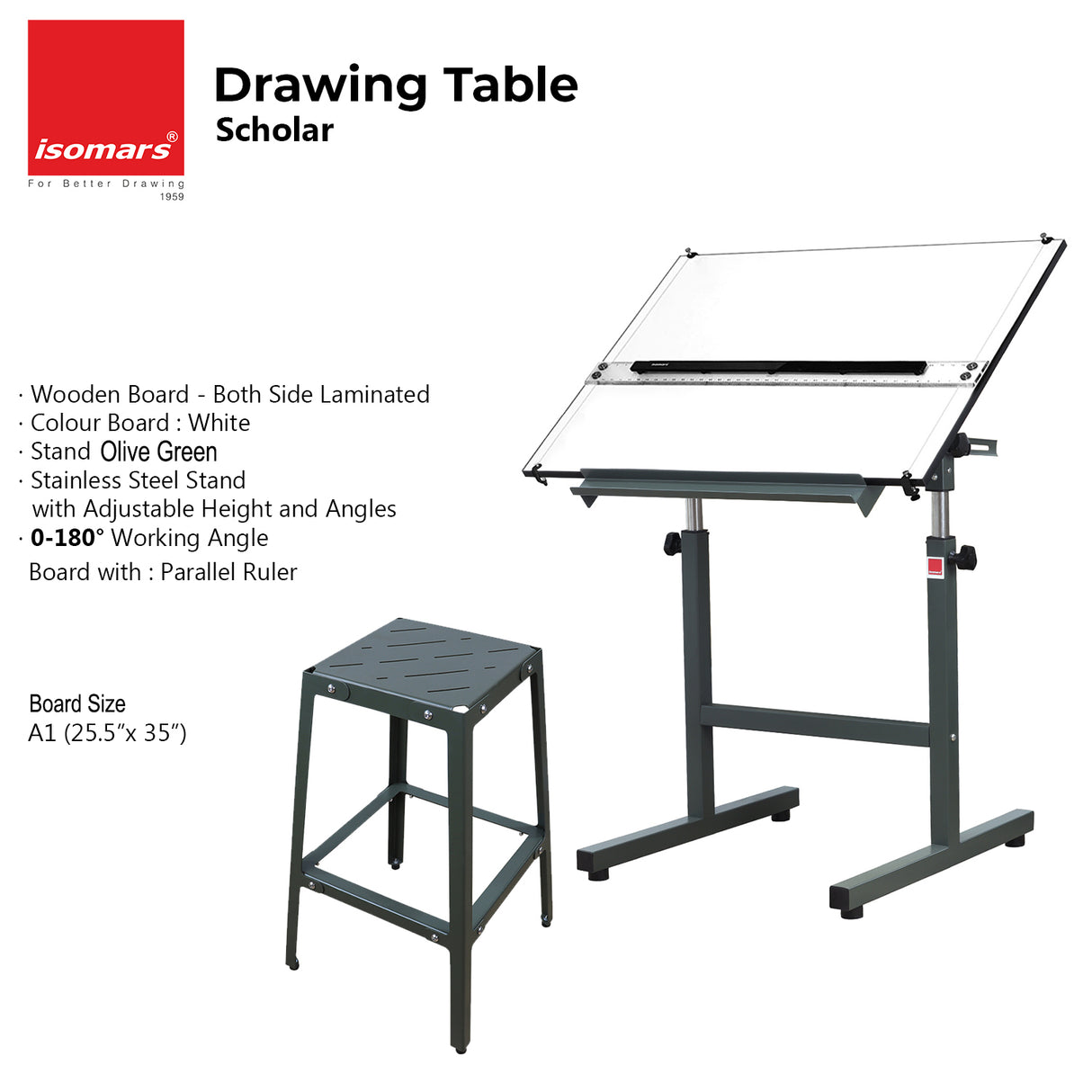 Isomars Olive Green Drawing Board Table - Scholar A1 White Laminated Board 25.5"x35" with Parallel Ruler and Drafting Olive Green Metal Stool Set | Complete Engineer, Draughtsman, Architects Set