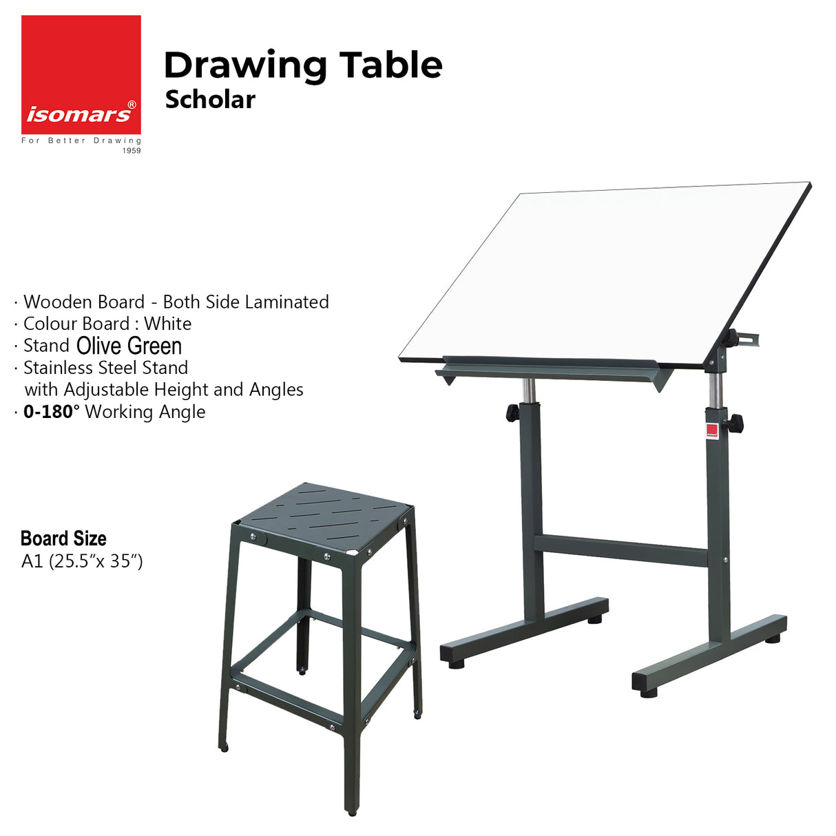 Isomars Scholar Drawing Table with Stool & A1 Double-Sided Laminated Drawing Board | Height Adjustable Drafting Table | 0–180° Tilt for Artists, Architects & Designers(Green)