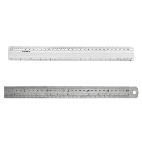 Isomars Aluminium Cutting Rulers Combo Set of 2 (12 Inch & 24 Inch) | Metal Cutting Scale with Inch & CM Markings | Non-Slip Edge for Precision Cutting, Drafting, Measuring & Craft Work - Isomars