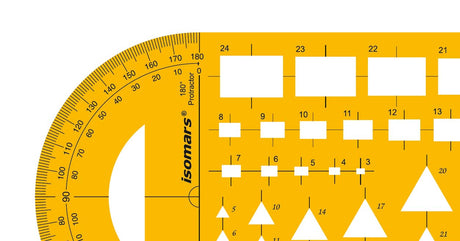 Isomars Combination Geometric Template with Protractor | Multi-Shape Drafting Stencil with Rectangles, Triangles, Ovals & Angle Scale | Drawing Tool for Architects, Engineers, Designers & Students - Isomars