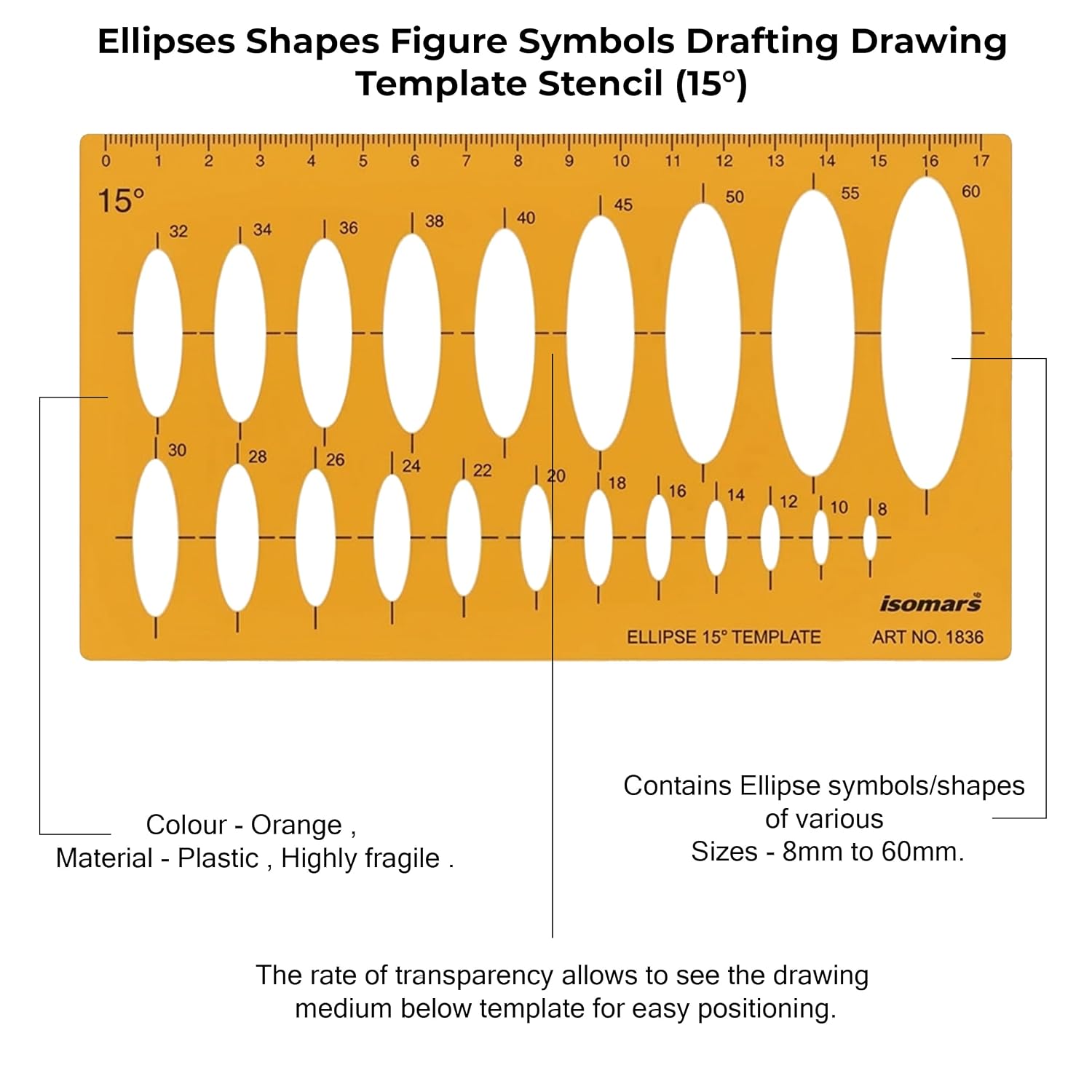 Isomars 15° Ellipse Drawing Flexible Template | Transparent Ellipse Drafting Stencil with Multiple Ellipse Sizes & Metric Scale for Technical Drawing, Architecture, Engineering, Design & Isometric Drawing