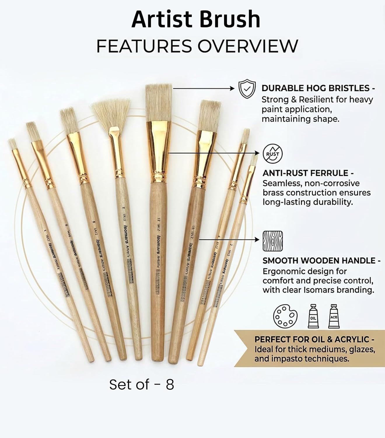 Isomars Flat Hog Hair Paint Brush Set of 8 with Fan Brush – Professional Long Handle Artist Brushes for Oil, Acrylic & Canvas Painting | Natural Bristles for Smooth, Even Strokes