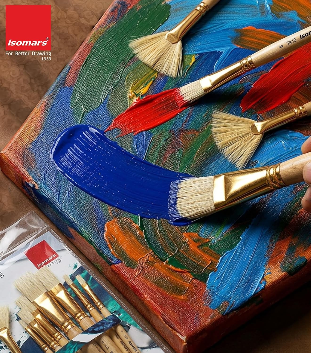 Isomars Flat Hog Hair Paint Brush Set of 8 with Fan Brush – Professional Long Handle Artist Brushes for Oil, Acrylic & Canvas Painting | Natural Bristles for Smooth, Even Strokes