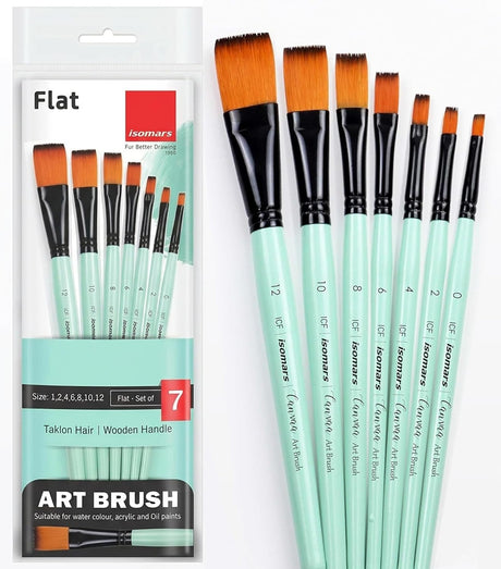 Isomars Flat Paint Brush Set of 7 Professional Synthetic Artist Brushes