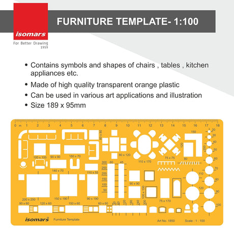 Isomars Architect Template Set of 3 | Scale 1:50, 1:100 & 1:200 Drawing Drafting Stencils for Furniture Layout, House Planning, Interior Design, Architecture, Blueprint & Floor Plan Drawing - Isomars