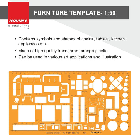 Isomars Architect Template Set of 3 | Scale 1:50, 1:100 & 1:200 Drawing Drafting Stencils for Furniture Layout, House Planning, Interior Design, Architecture, Blueprint & Floor Plan Drawing - Isomars